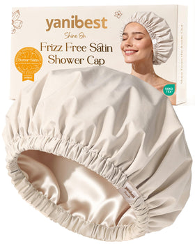 YANIBEST shower cap front view shows waterproof shell and elegant beige finish