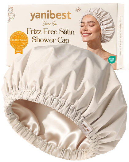 YANIBEST shower cap front view shows waterproof shell and elegant beige finish