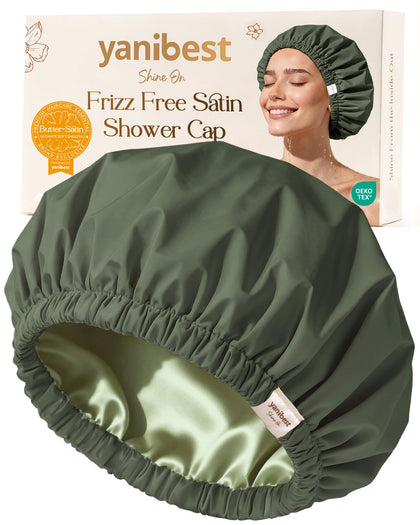 YANIBEST green shower cap front view showing waterproof shell and sleek look