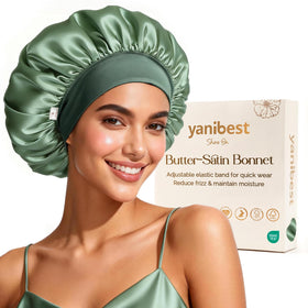 YANIBEST front view of satin bonnet showing fit and style benefit: secure sleep