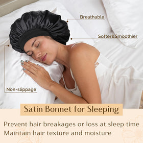 YANIBEST woman sleeping peacefully with bonnet protecting curls and reducing frizz
