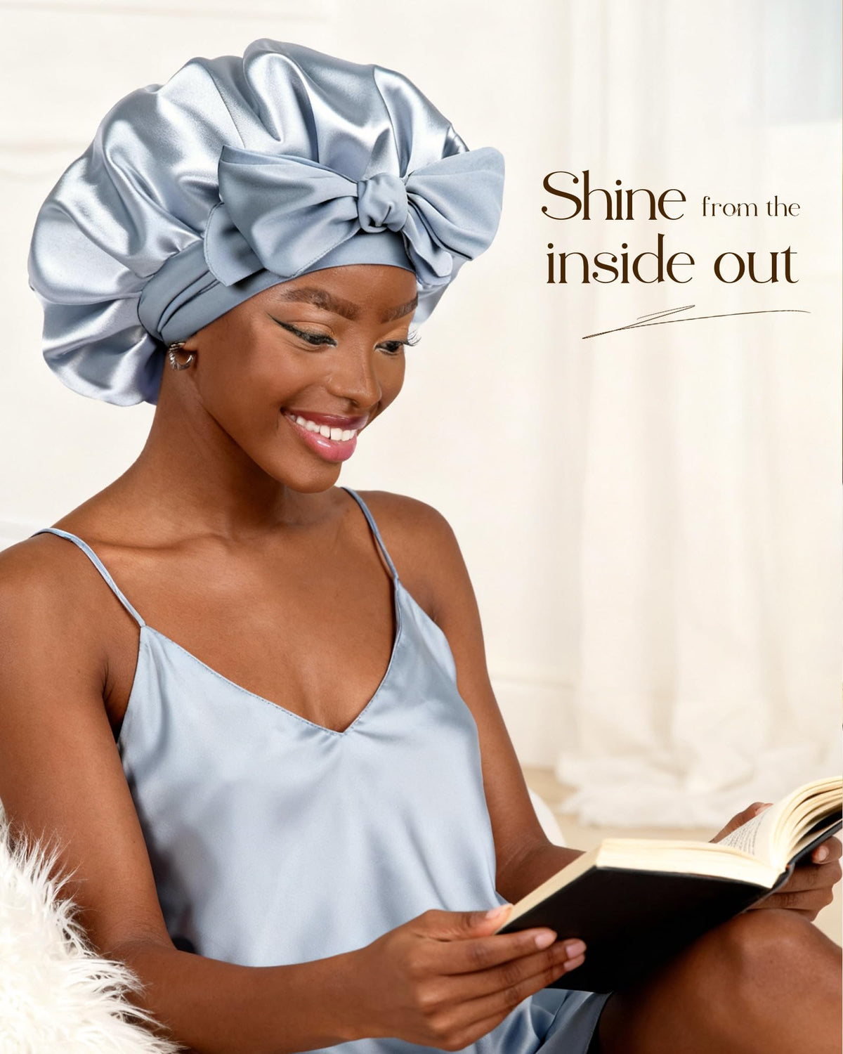 YANIBEST woman wearing bonnet in bed preserving curls overnight