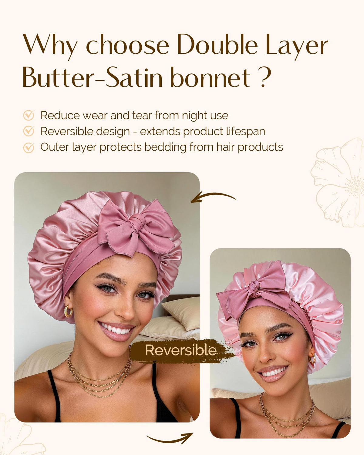 YANIBEST bonnet worn on curly hair showing frizz control benefit