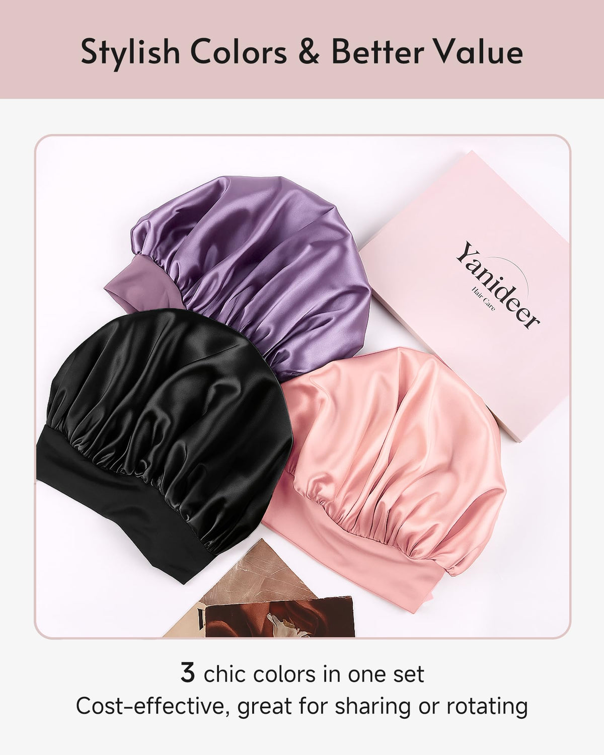 Yanideer bonnet on hand showing roomy size that shelters hair volume