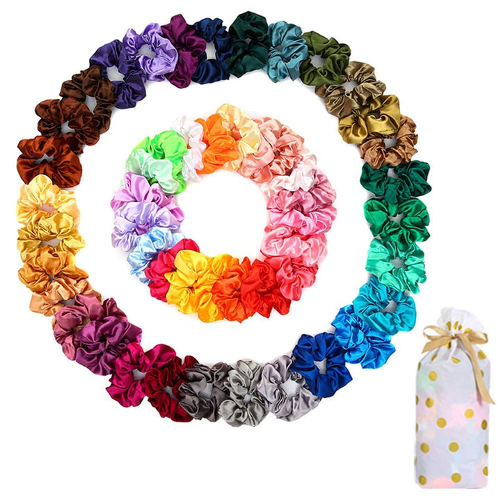 Yanwenx front packaging showing fifty satin scrunchies and gift bag, neat storage benefit