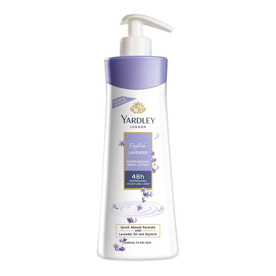 Yardley front bottle showing elegant English Lavender scent and daily use benefit