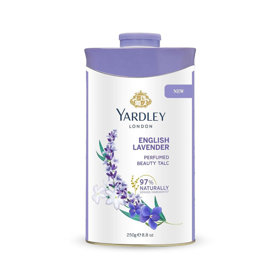 Yardley front packaging showing product and lavender branding benefits freshness