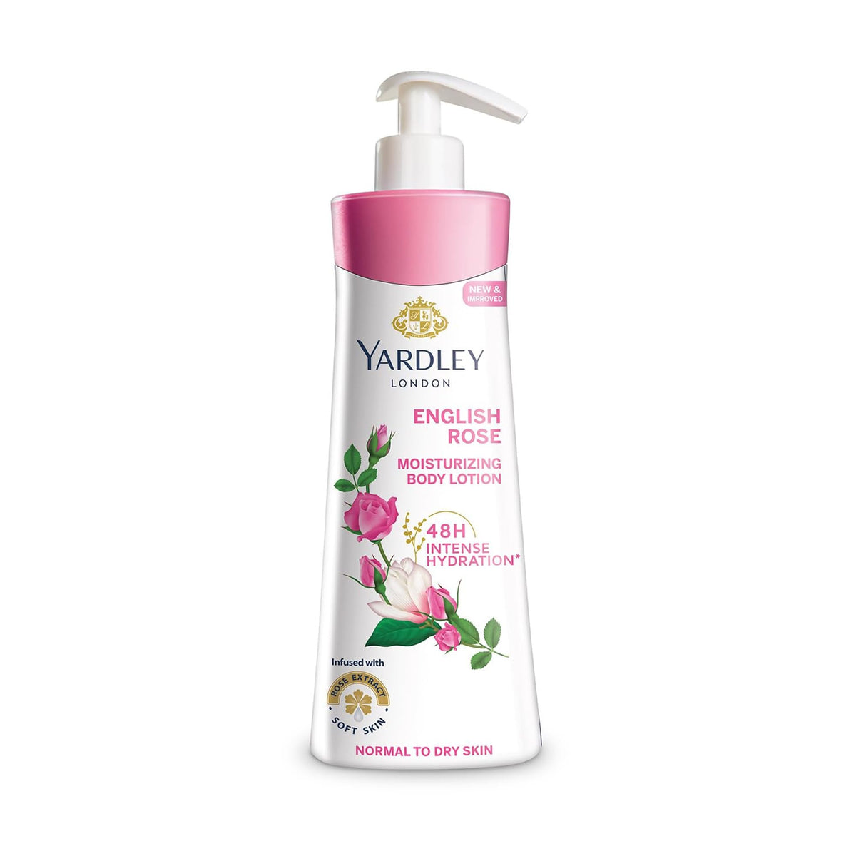 Yardley English Rose front bottle showing 400 ml size and classic branding benefit: clear product identity