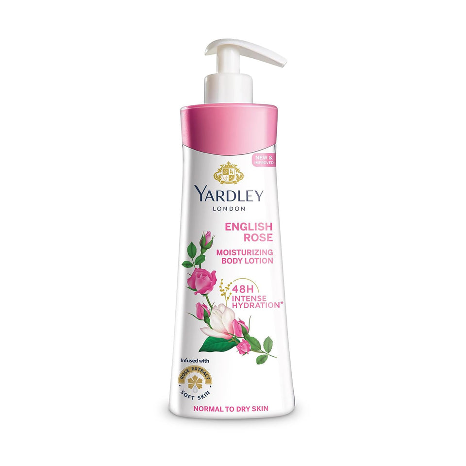Yardley English Rose front bottle showing 400 ml size and classic branding benefit: clear product identity