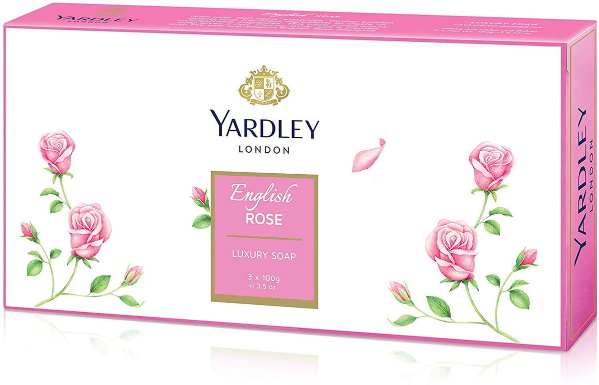 Yardley English Rose front box showing three boxed bars and refined branding benefit: gift-ready presentation