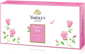 Yardley English Rose front box showing three boxed bars and refined branding benefit: gift-ready presentation