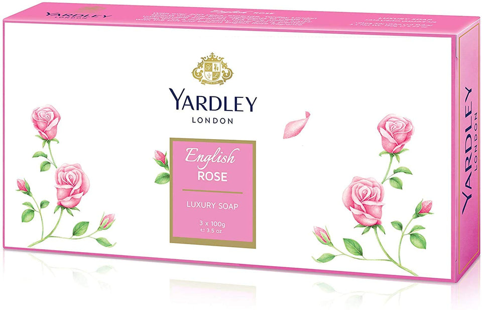 Yardley English Rose front box showing three boxed bars and refined branding benefit: gift-ready presentation