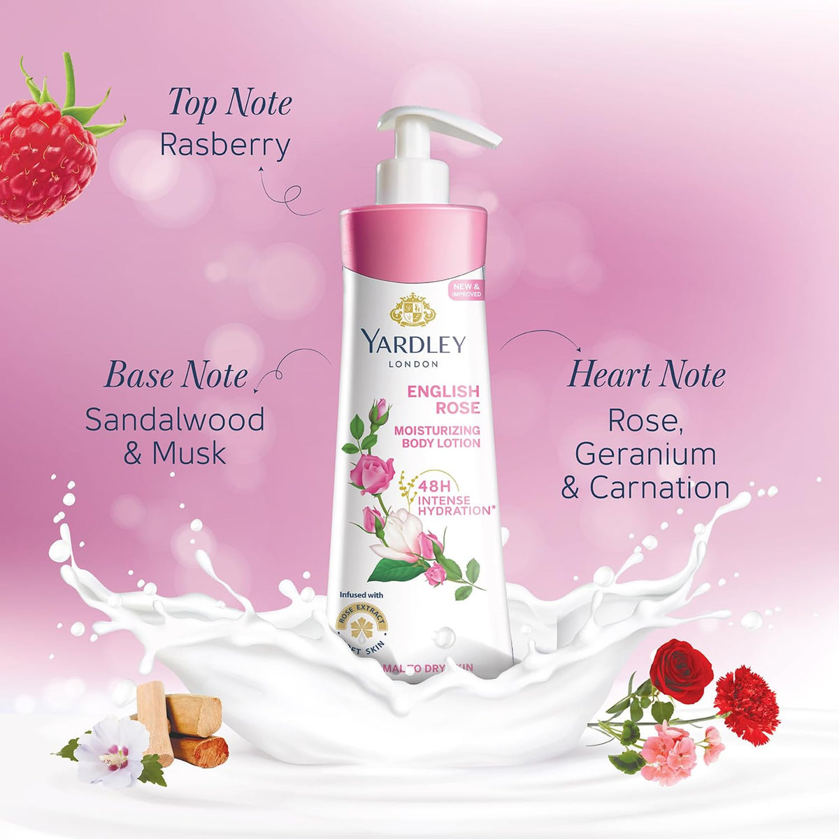 Yardley English Rose being smoothed onto hand showing fast absorption and instant softening benefit