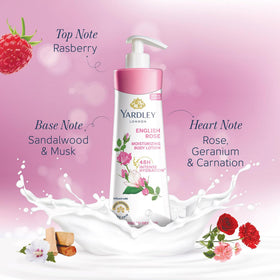Yardley English Rose being smoothed onto hand showing fast absorption and instant softening benefit
