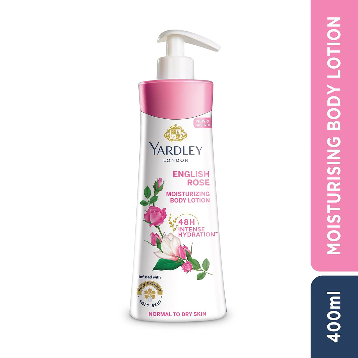 Yardley English Rose dispensing lotion from pump showing ease of use and controlled application benefit