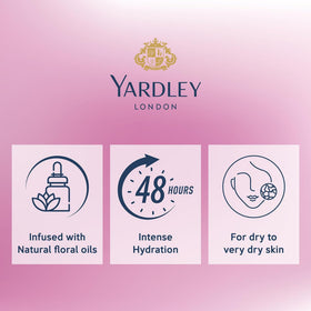 Yardley English Rose bottle next to everyday items showing 400 ml scale for long-lasting supply benefit