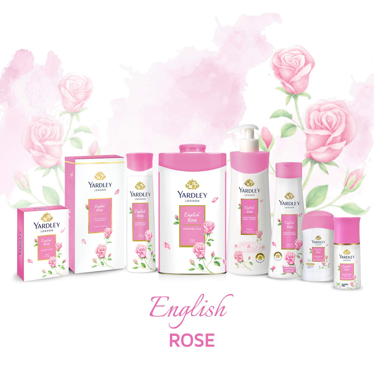 Yardley English Rose three bars arranged to show size and packaging benefit: travel-friendly set