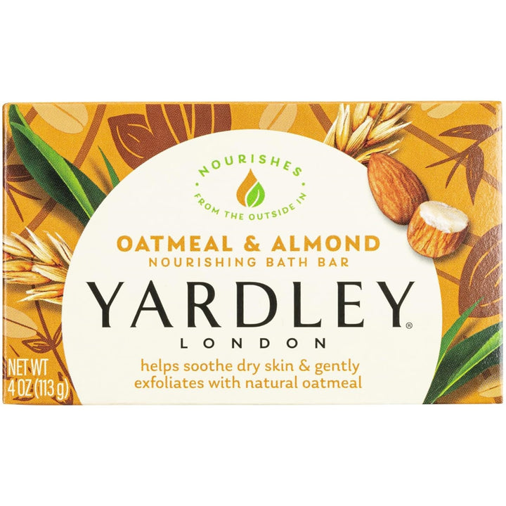 Yardley front packaging showing oatmeal and almond, conveying gentle moisturizing benefits