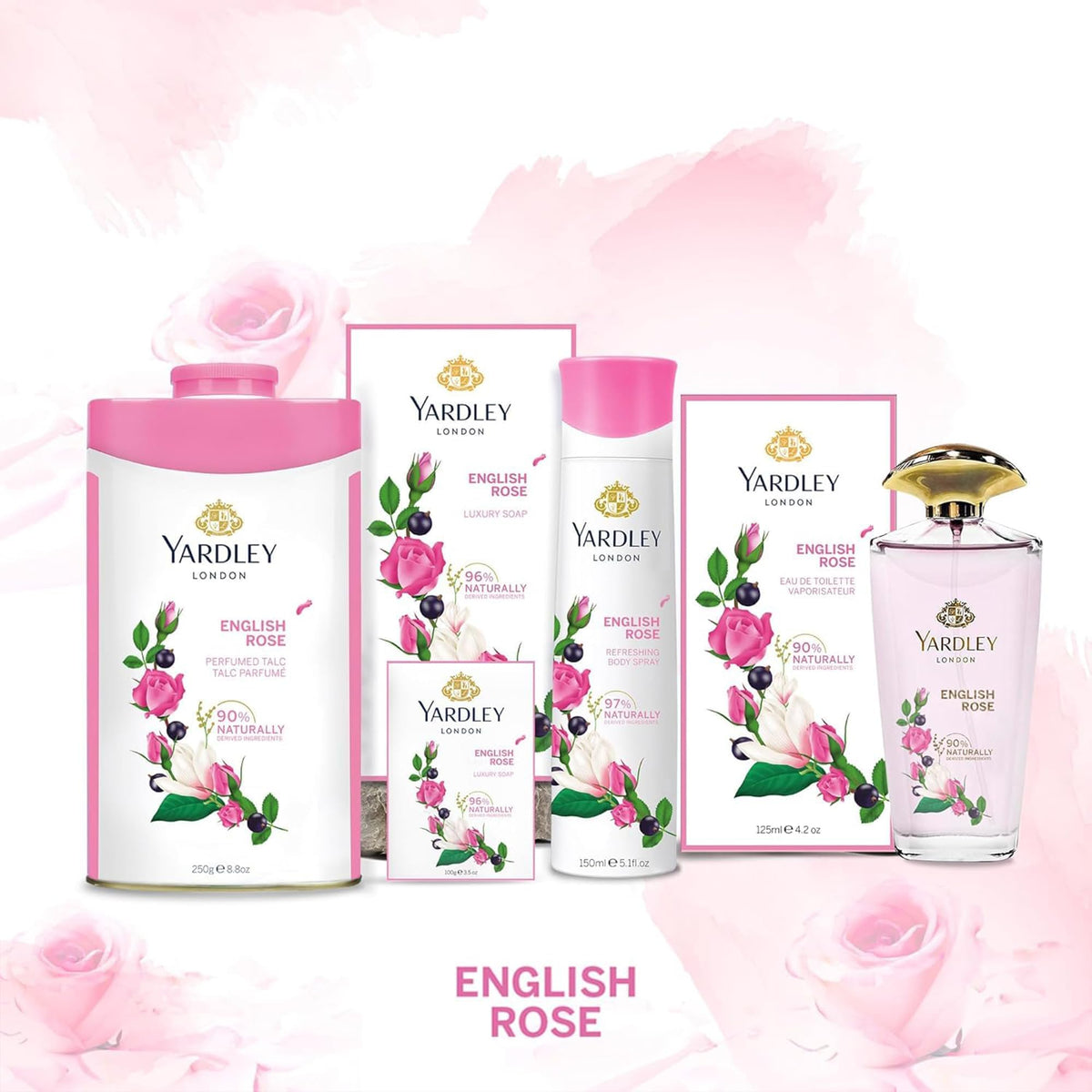Yardley product label detail showing weight and fragrance clarity benefit