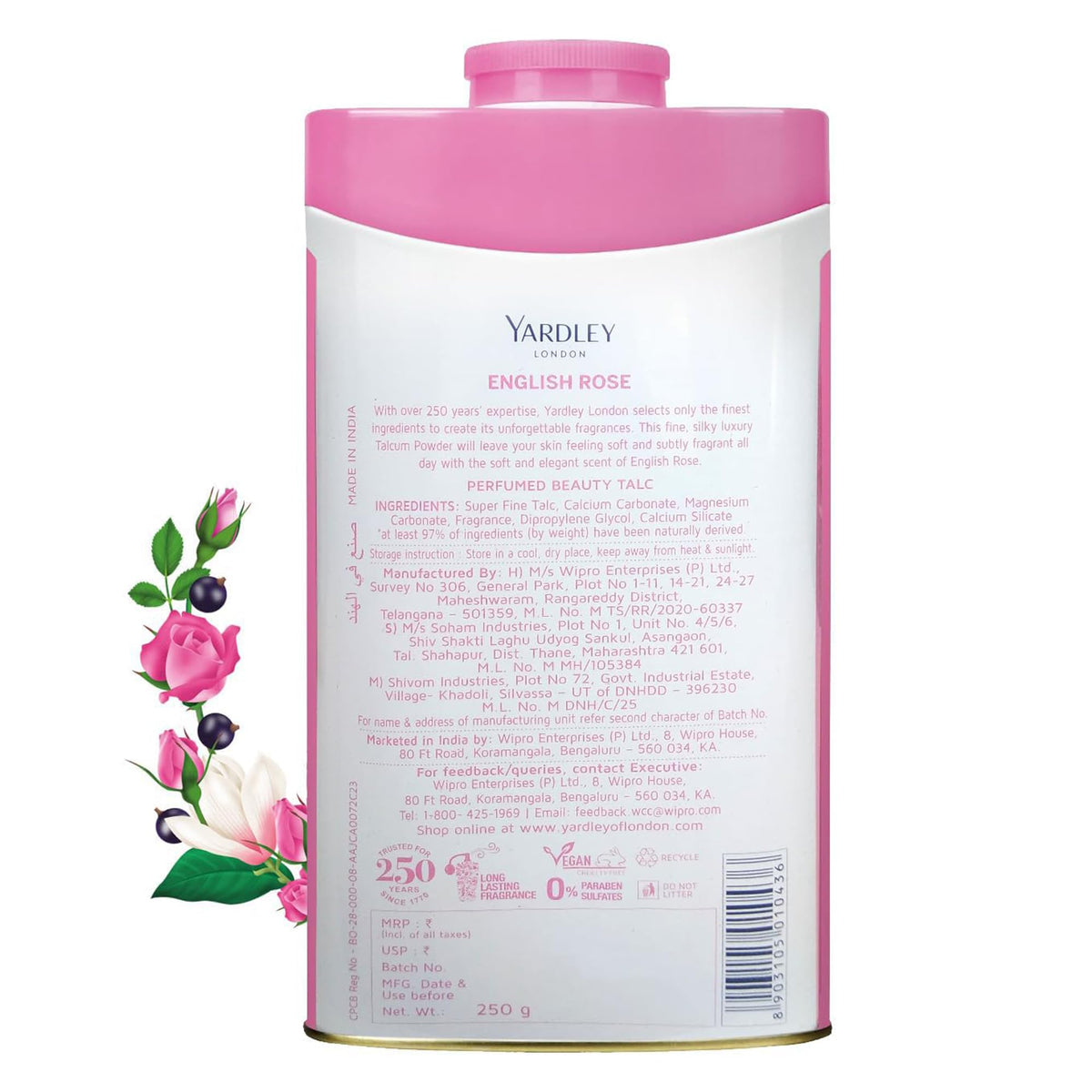 Yardley open container with pale talc visible, showing soft texture benefit
