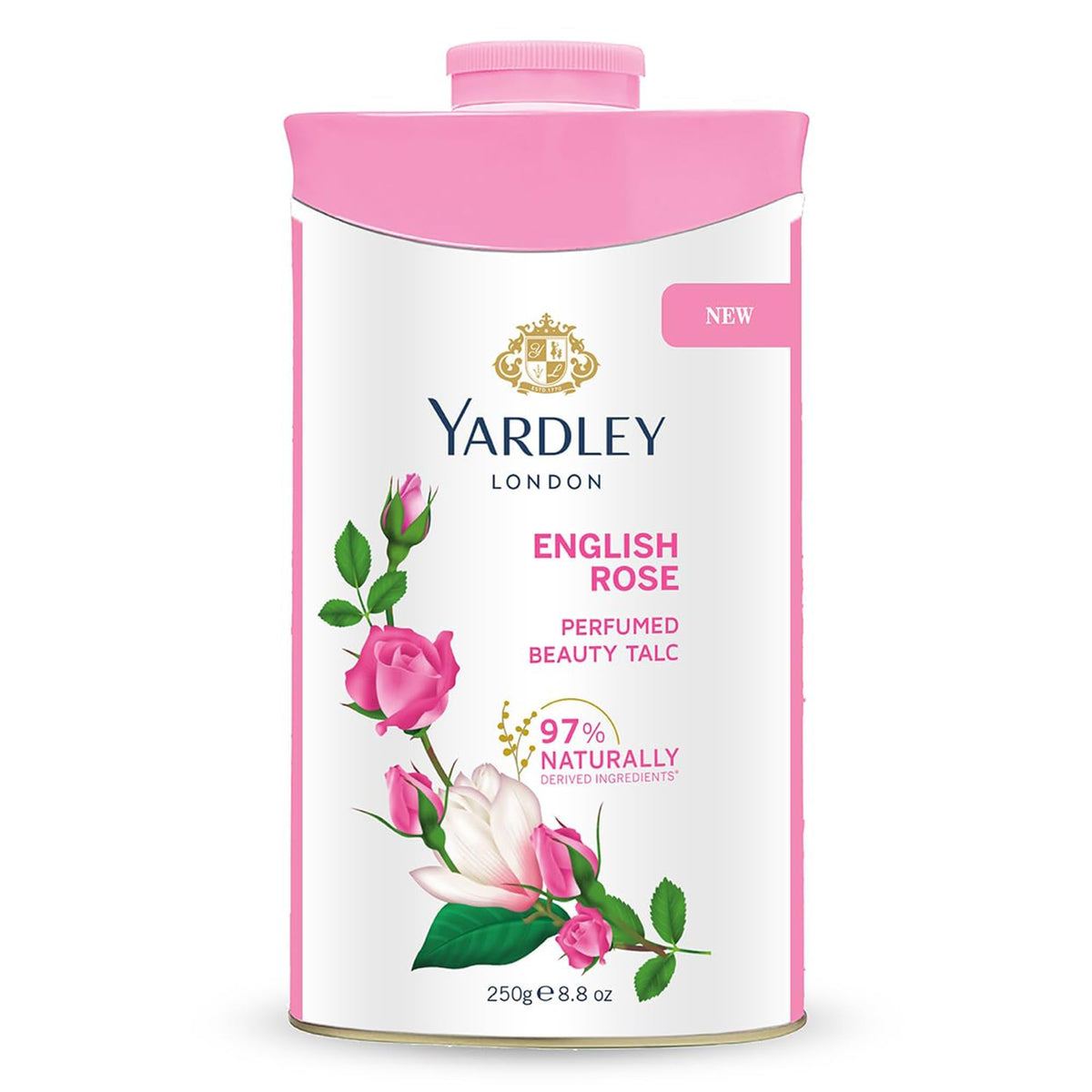 Yardley product beside fresh rose blooms emphasizing natural floral aroma