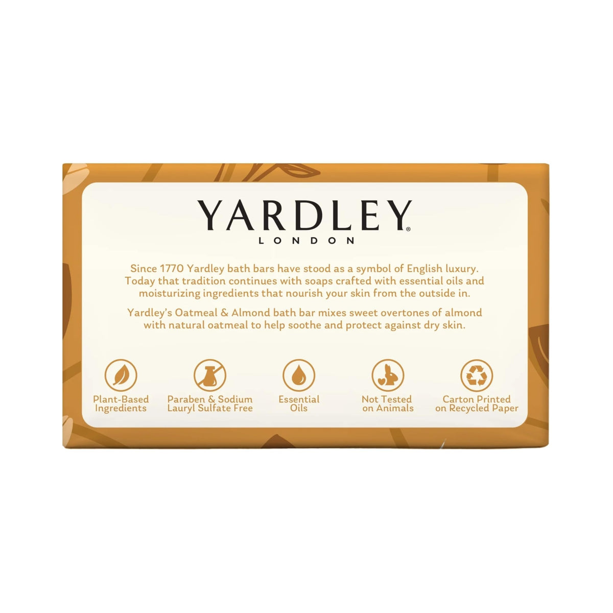 Yardley unwrapped bar top view highlighting texture and natural oats benefit