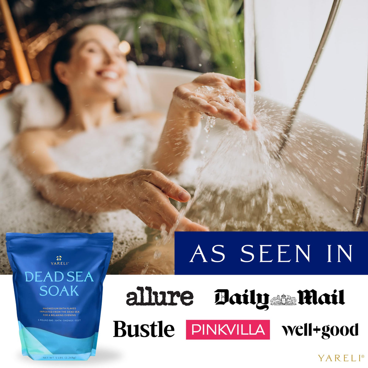 YARELI flakes dissolving into warm bath water for quick soak preparation