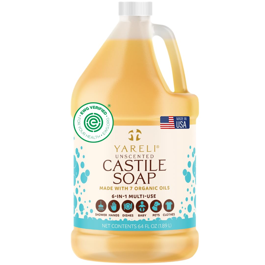 YARELI front label on 64oz jug highlighting organic oils and unscented benefit