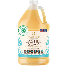 YARELI front label on 64oz jug highlighting organic oils and unscented benefit