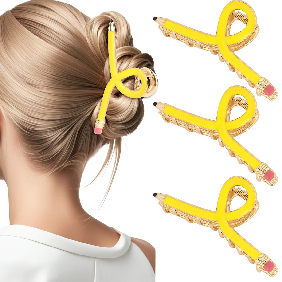 YARIEW pencil clips front view showing bright yellow finish and playful pencil shape benefit