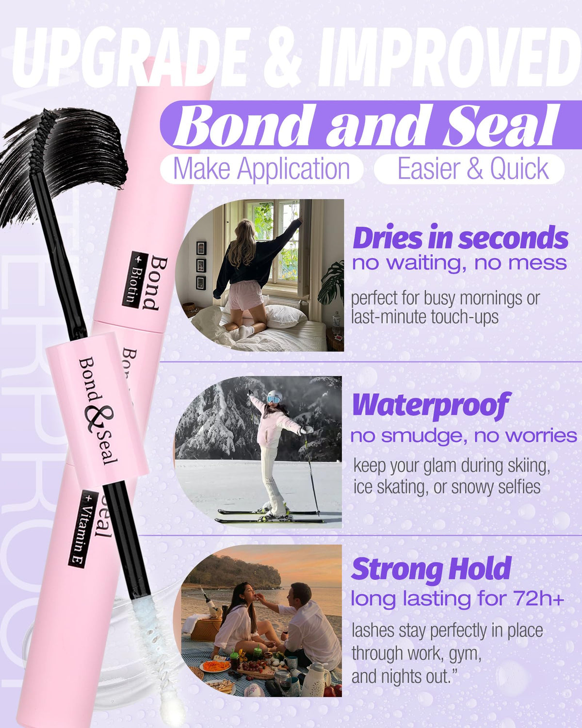 Yawamica quick-dry bond & seal bottle emphasizing fast, long-lasting hold