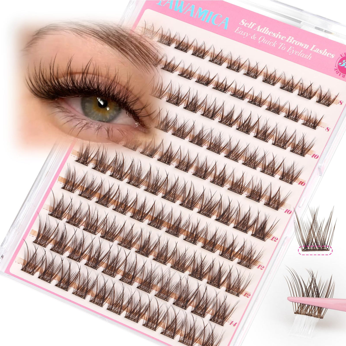 Yawamica front packaging showing brown cluster lashes for quick use and portability
