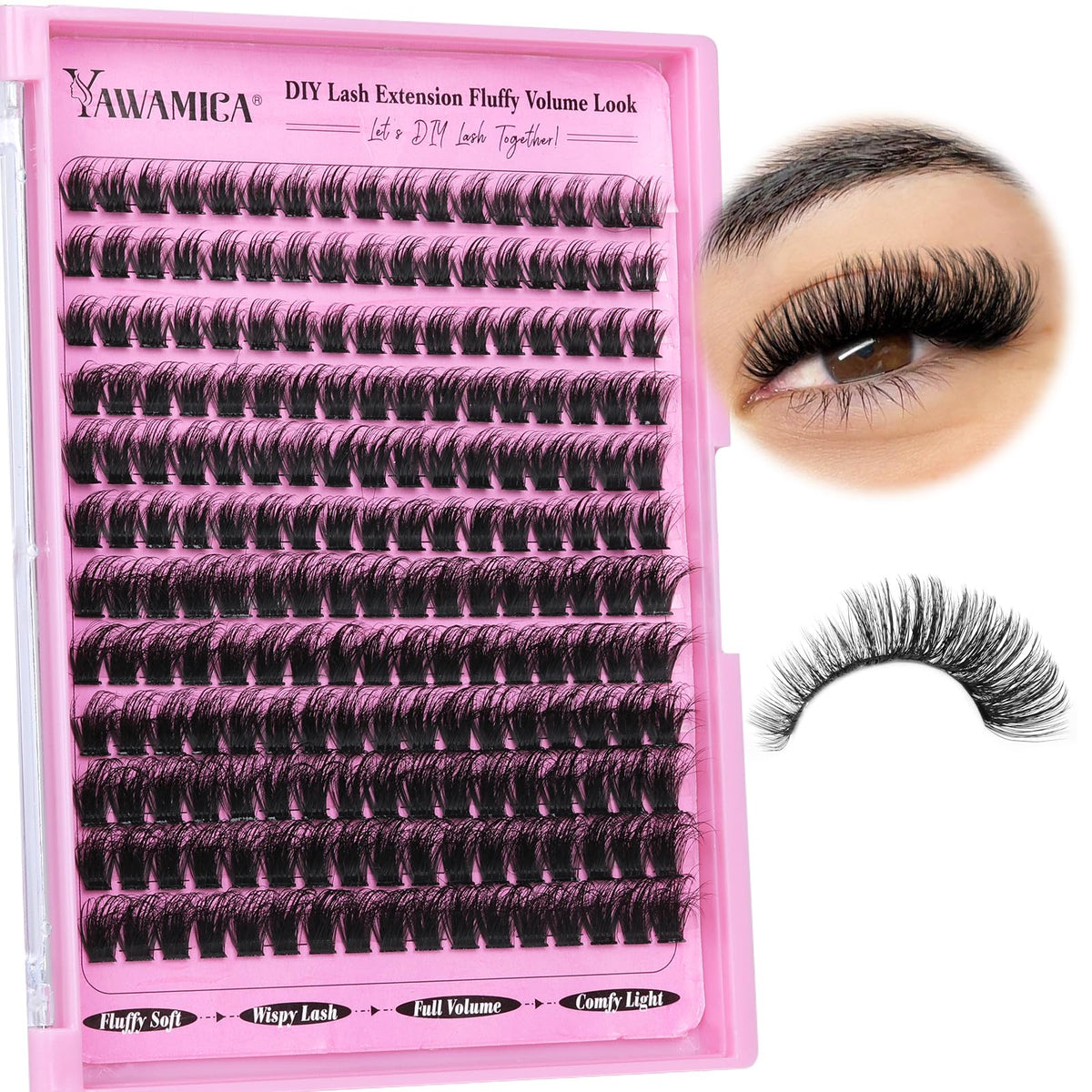 Yawamica front packaging showing 240pcs cluster lashes and mixed lengths for easy use