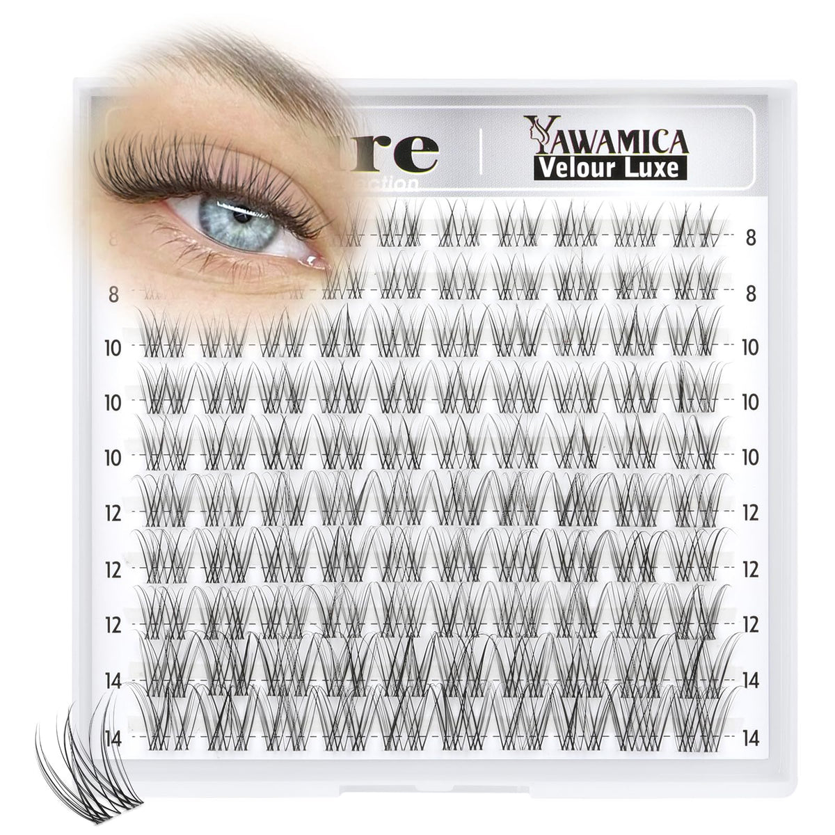 Yawamica front packaging showing natural lash clusters and product benefits