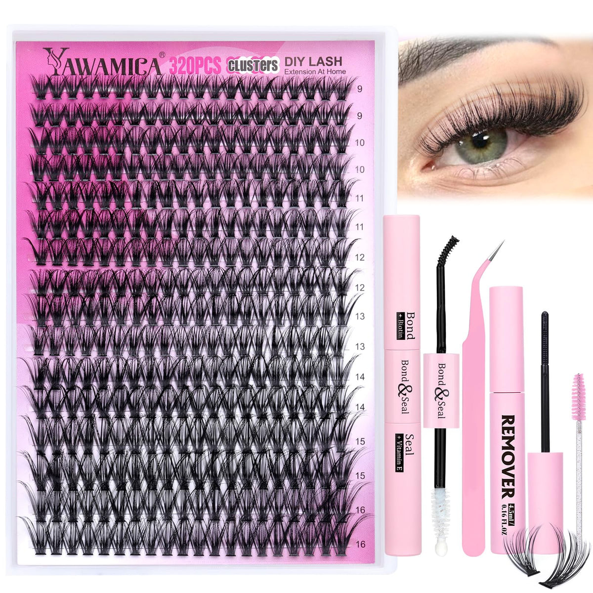Yawamica front packaging of the lash clusters kit showing full contents benefit convenience