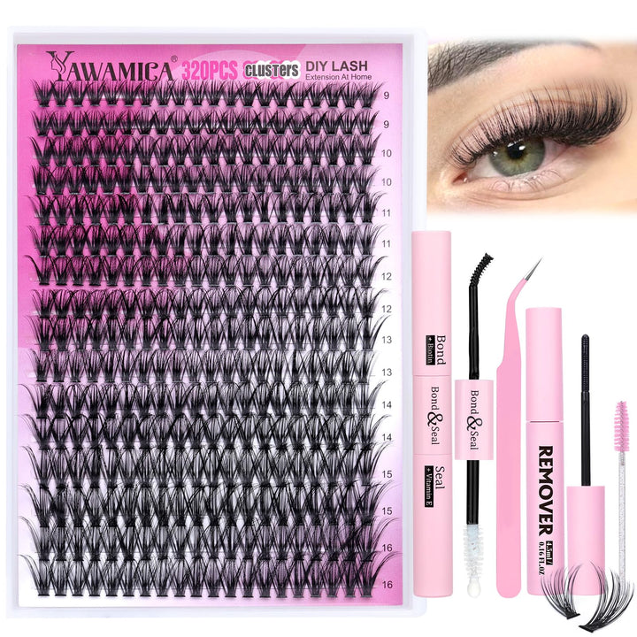 Yawamica front packaging of the lash clusters kit showing full contents benefit convenience
