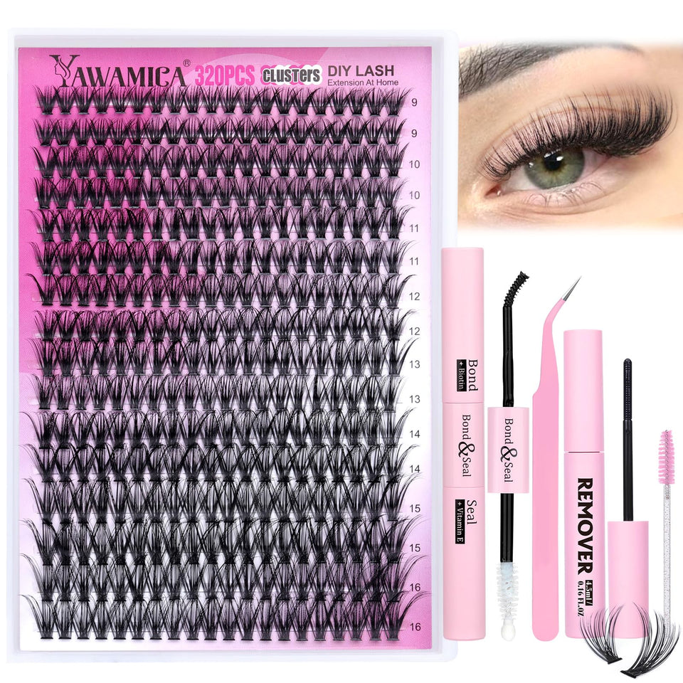 Yawamica front packaging of the lash clusters kit showing full contents benefit convenience