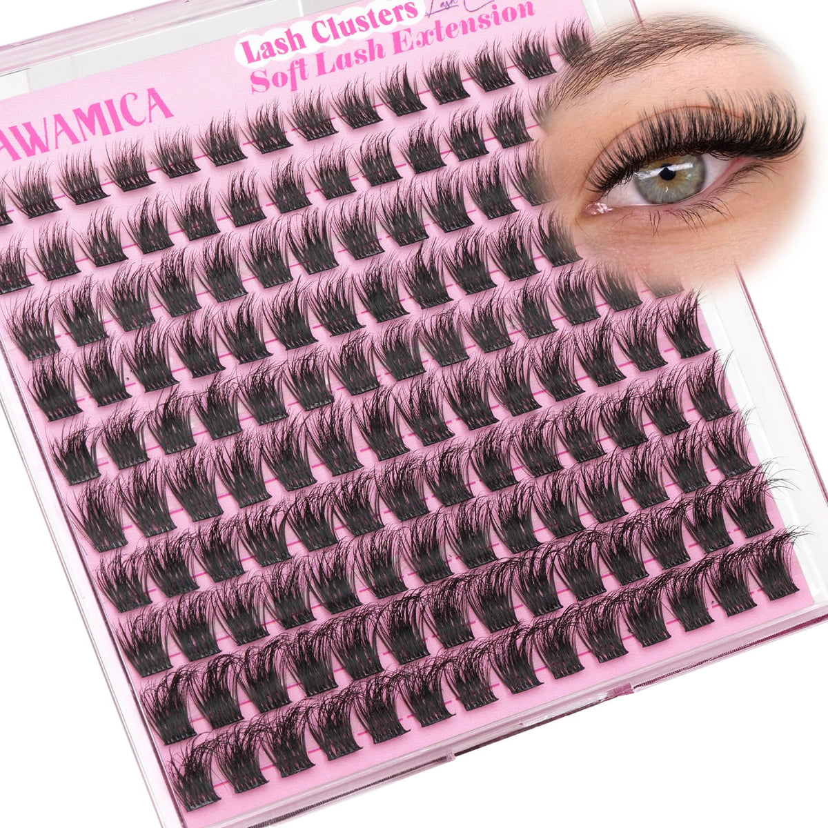 Yawamica front packaging showing natural lash clusters and benefits
