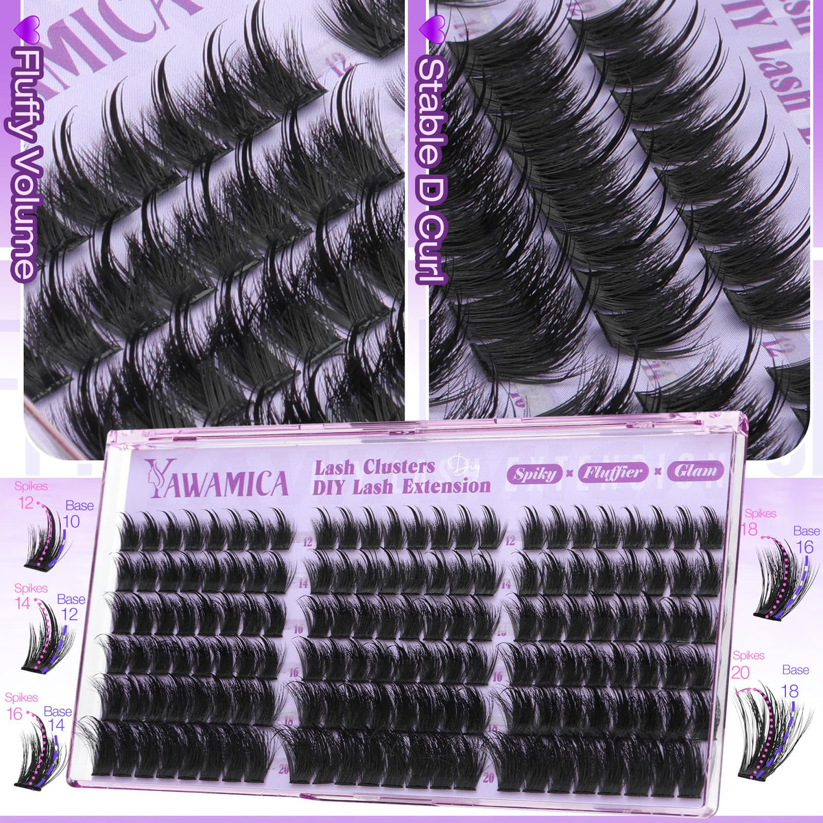 Yawamica clusters applied on an eye demonstrating DIY placement and lifted D curl