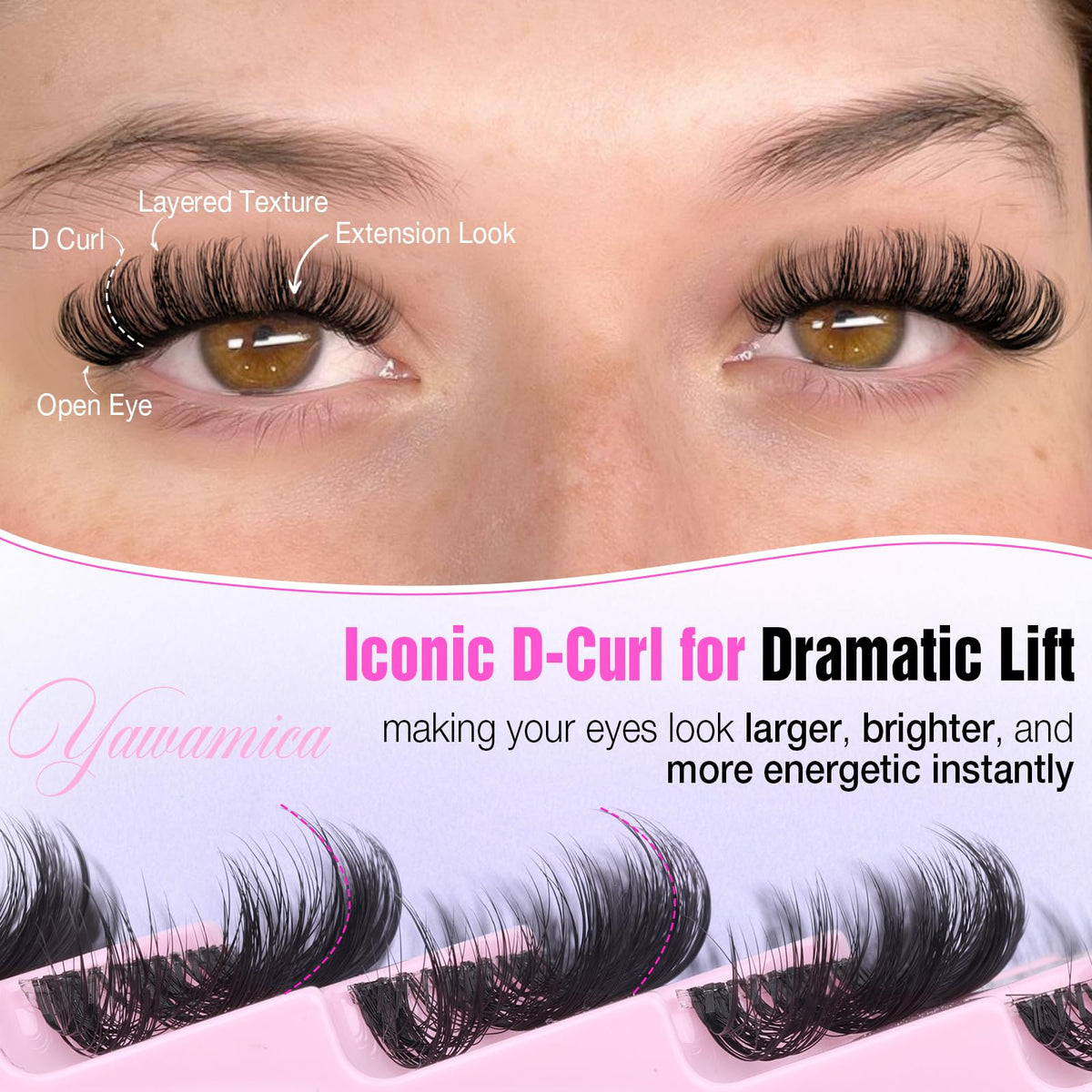 Yawamica lash applied on model eye showing lifted, brighter appearance