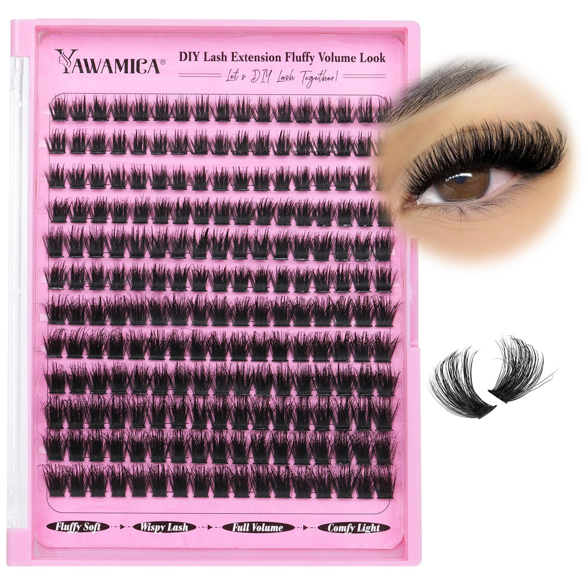 Yawamica product label close-up showing D curl, 100D volume, and faux mink material