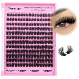 Yawamica product label close-up showing D curl, 100D volume, and faux mink material