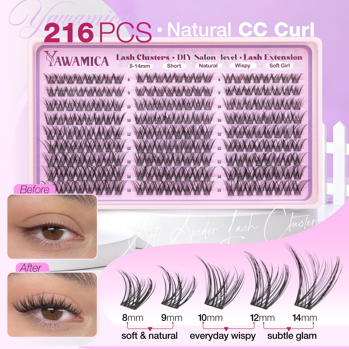 Yawamica display of mixed 8–14mm lengths enabling custom lash mapping