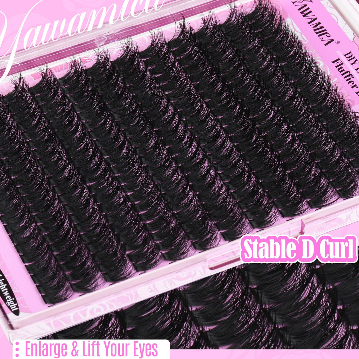 Yawamica worn on model eye showing lifted D curl and fuller lashline