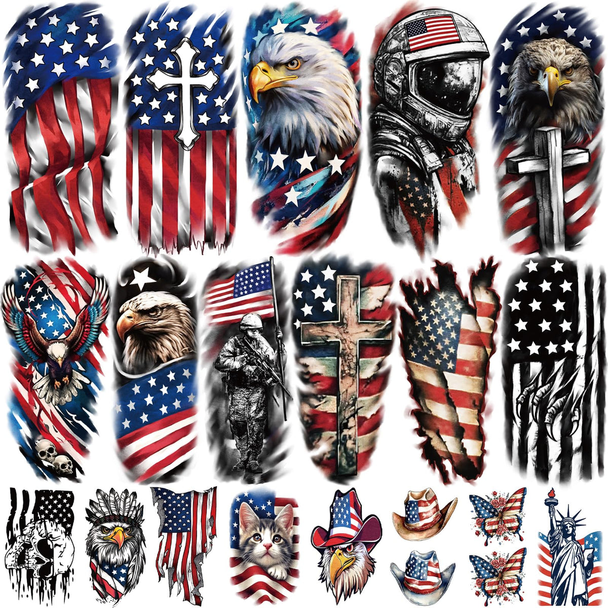 Yazhiji front packaging showing 77 patriotic tattoo sheets and variety