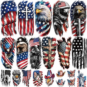 Yazhiji front packaging showing 77 patriotic tattoo sheets and variety