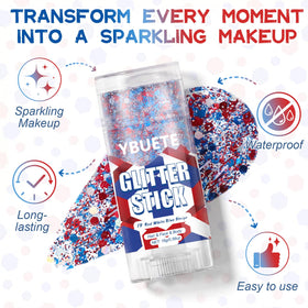 YBUETE glitter stick being swiped on cheek demonstrating fast, mess-free shimmer