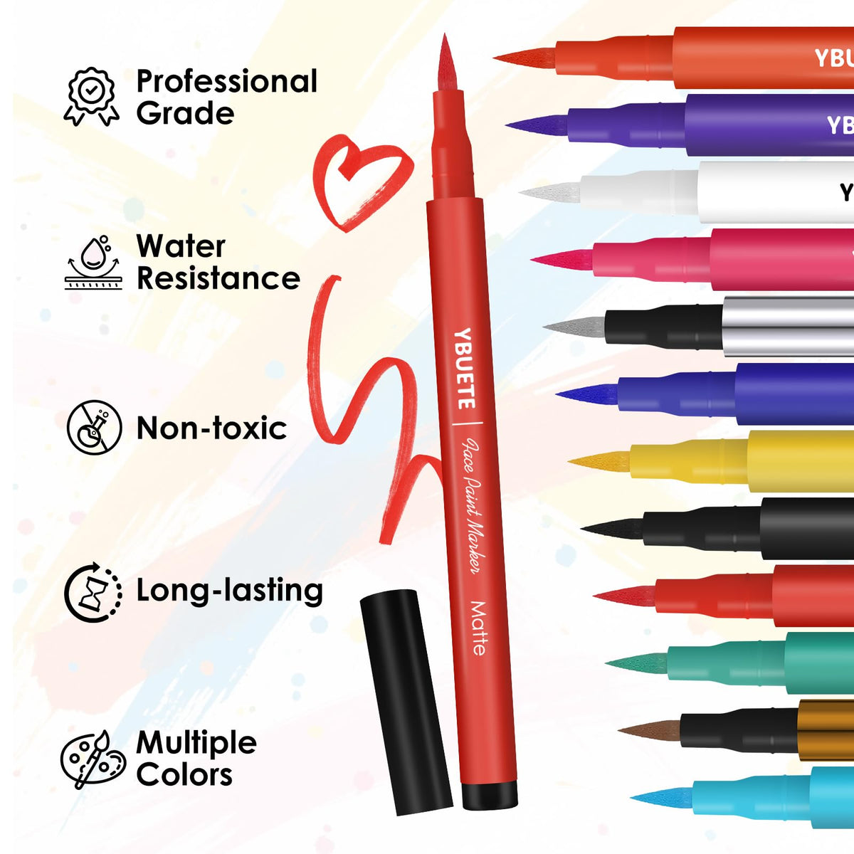 YBUETE color swatches on skin demonstrating vibrant matte and metallic shades