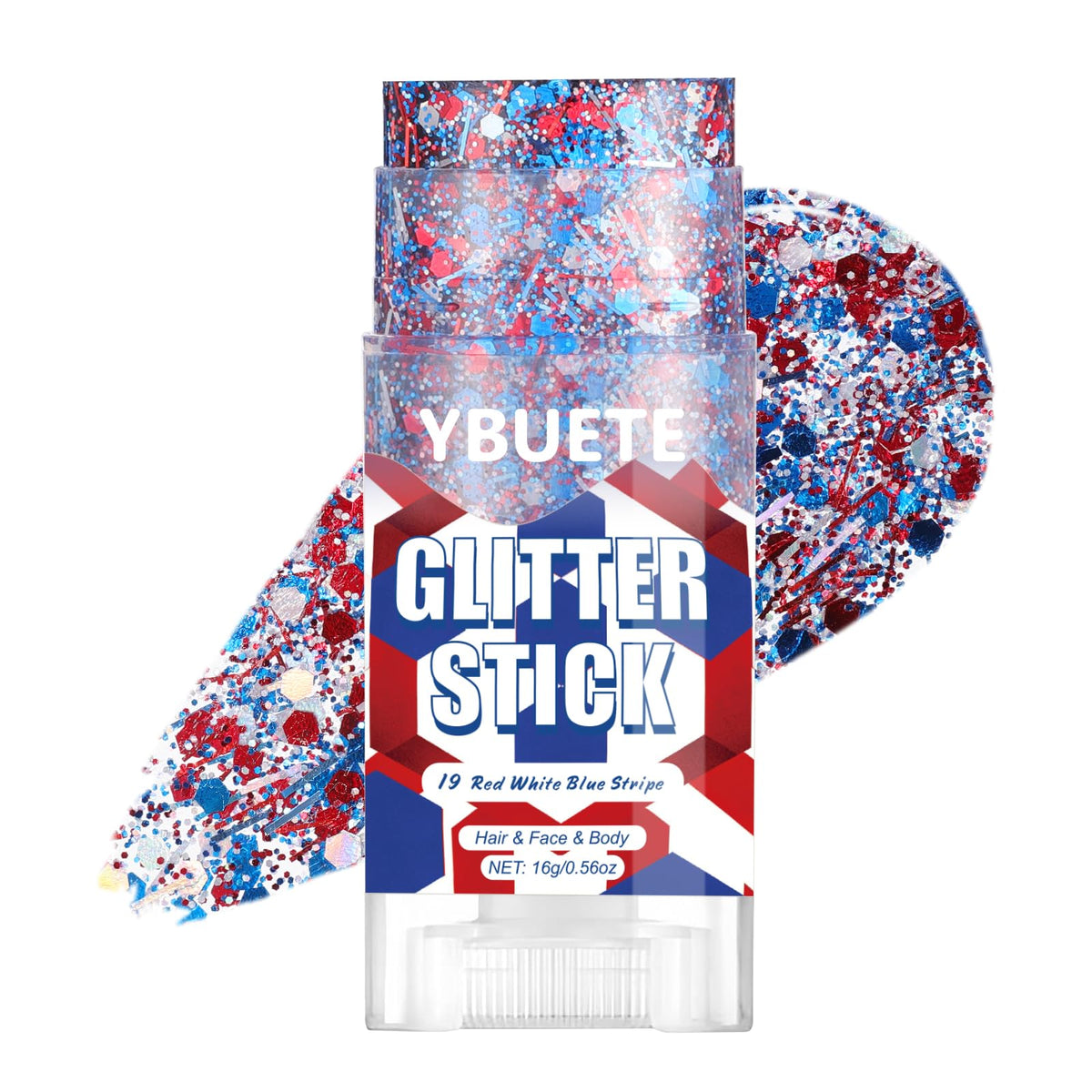 YBUETE front packaging showing red white blue stripe glitter stick for easy patriotic makeup
