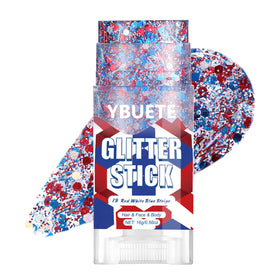 YBUETE front packaging showing red white blue stripe glitter stick for easy patriotic makeup